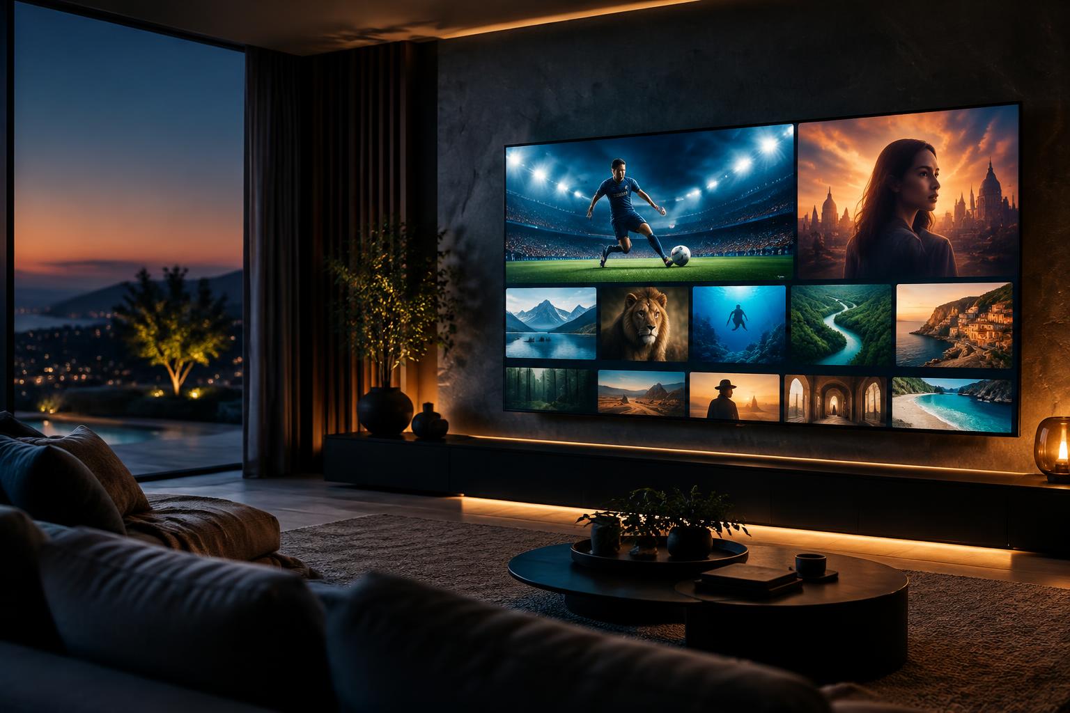 Modern living room with a large screen showing sports and entertainment