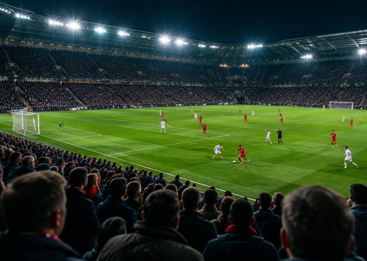 Football match in a packed stadium under floodlights